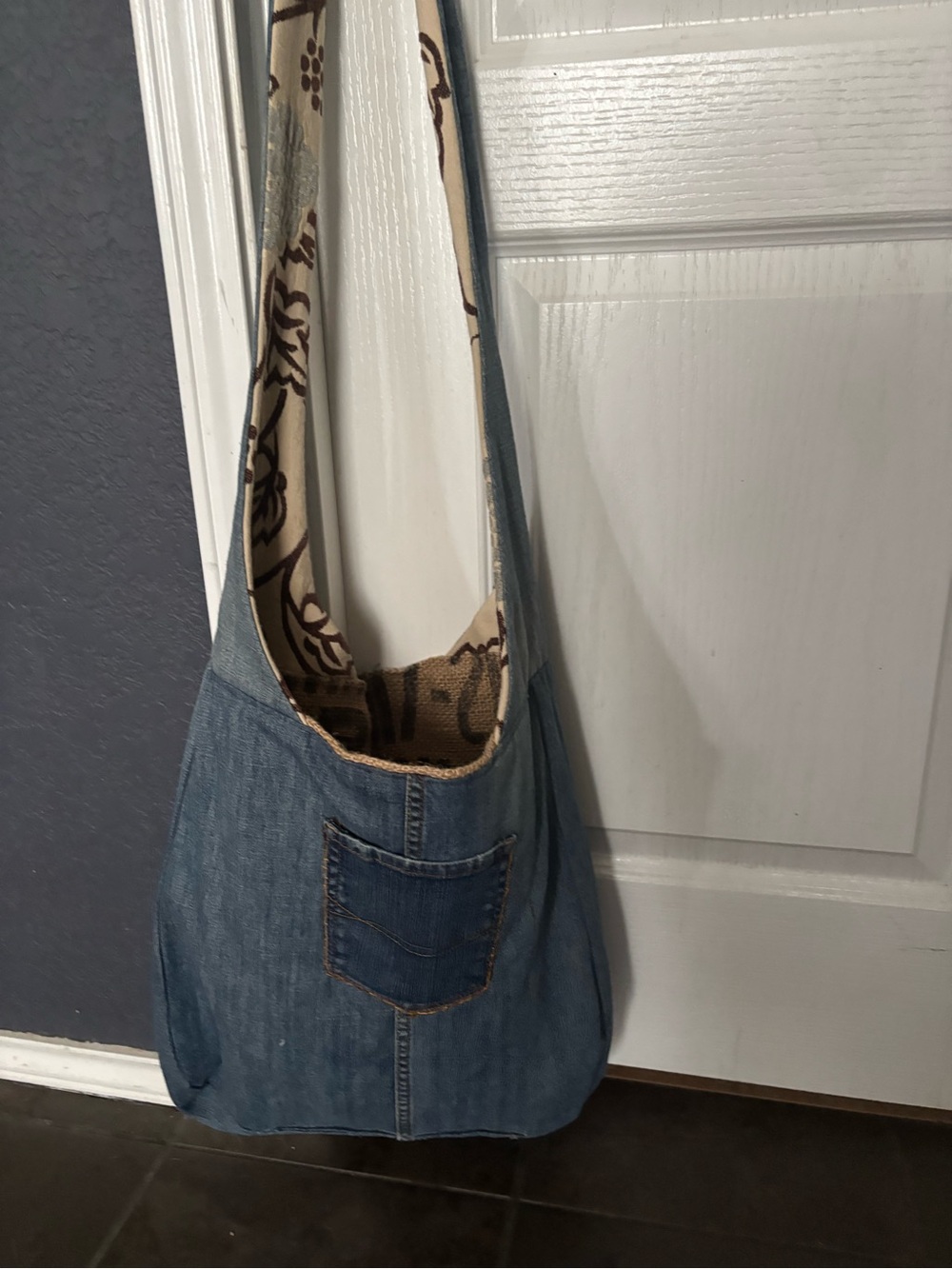 Denim Shoulder Tote Bag with Patterned Lining
